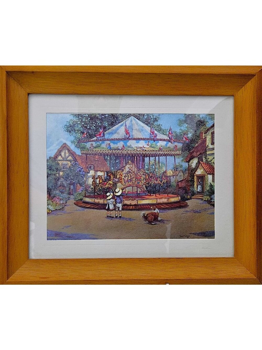 Rare Sandi Lebron Village Carousel Artwoork Print Wood Frame 10x12